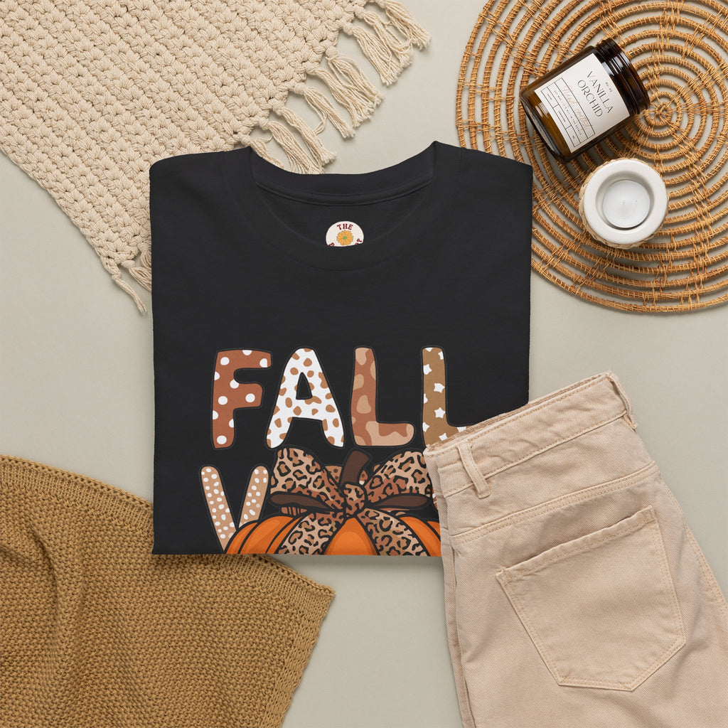 Fall Vibes Pumpkin Tee — Leopard Bow Autumn Graphic T-Shirt