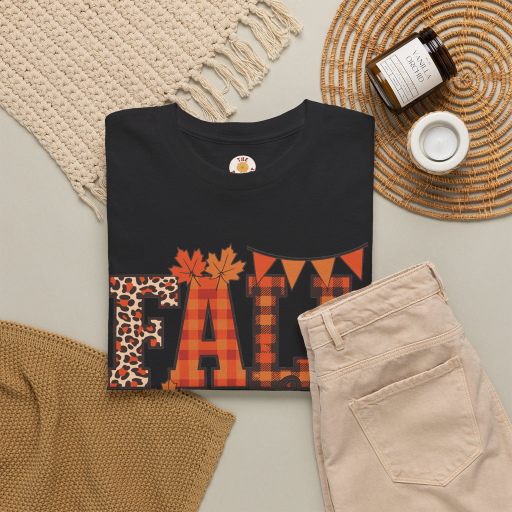 Fall Vibes T-Shirt — Pumpkin Plaid & Leopard Autumn Graphic Tee