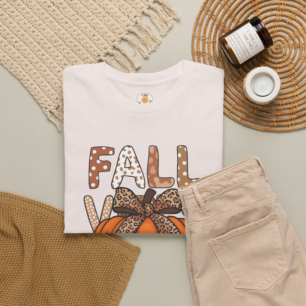 Fall Vibes Pumpkin Tee — Leopard Bow Autumn Graphic T-Shirt