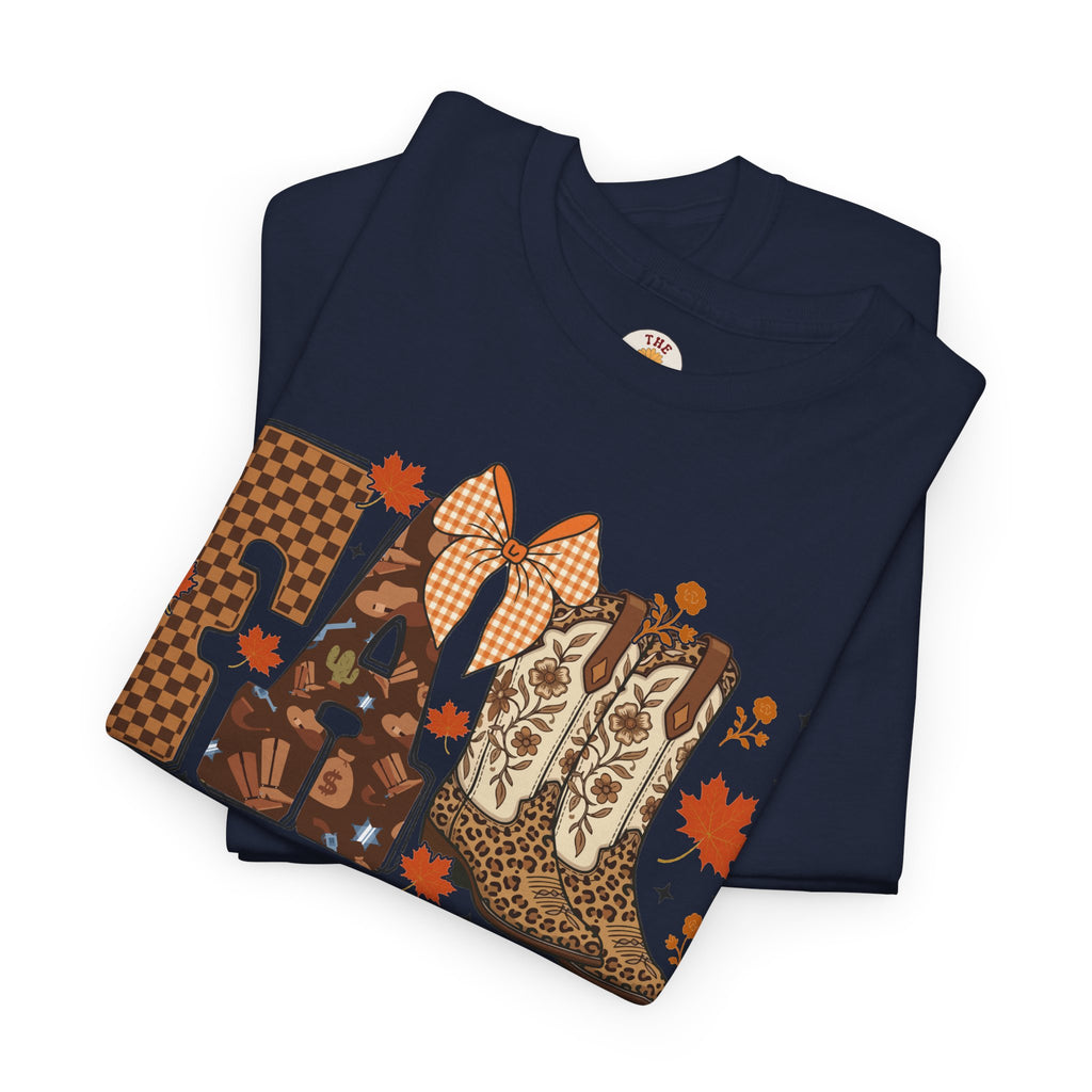 Fall Cowgirl Tee — 'Fall' Boot & Leaf Graphic T-Shirt