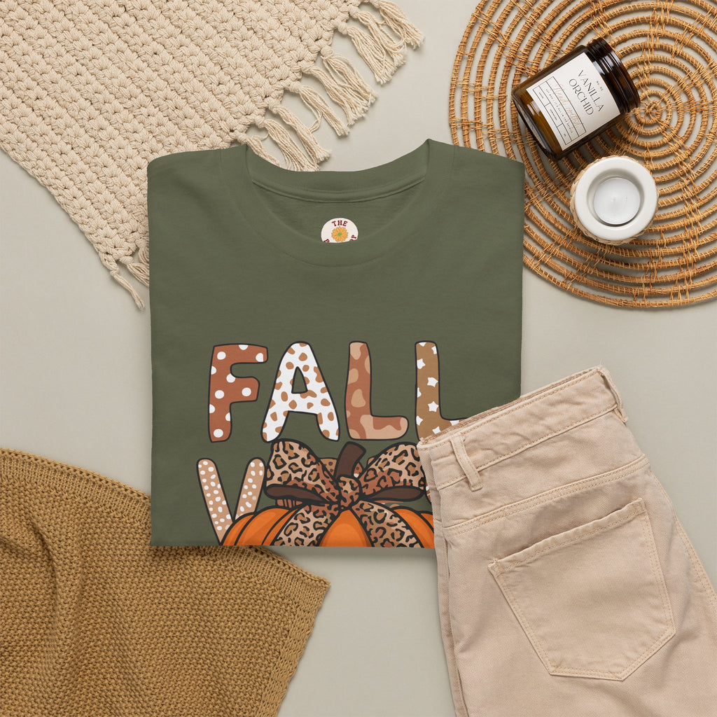 Fall Vibes Pumpkin Tee — Leopard Bow Autumn Graphic T-Shirt