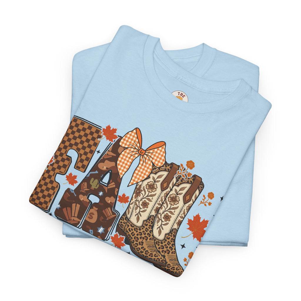 Fall Cowgirl Tee — 'Fall' Boot & Leaf Graphic T-Shirt
