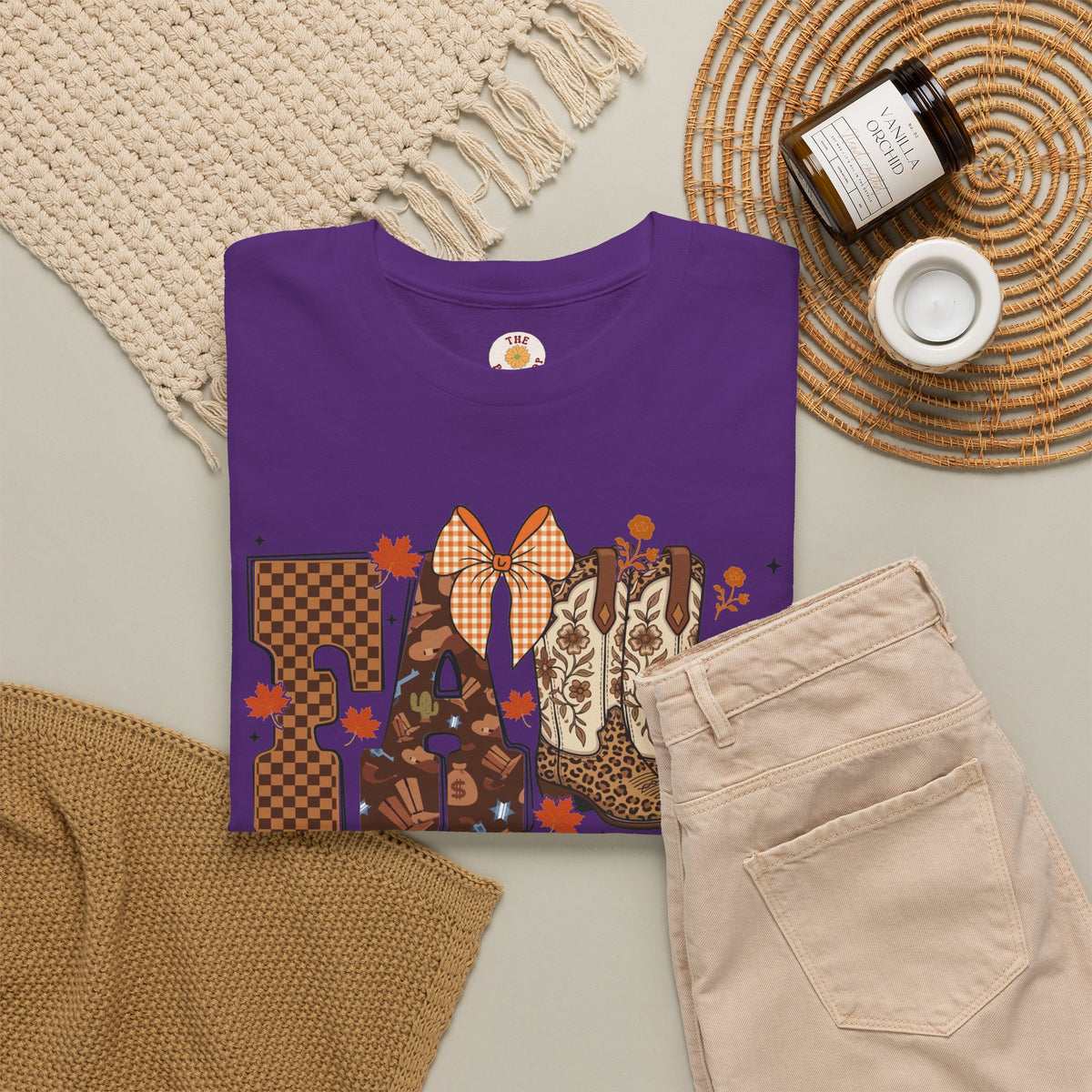 Fall Cowgirl Tee — 'Fall' Boot & Leaf Graphic T-Shirt