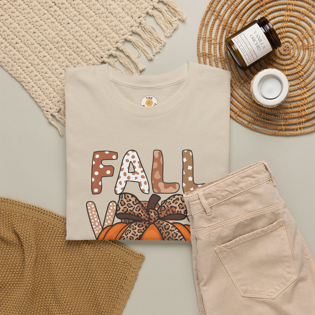 Fall Vibes Pumpkin Tee — Leopard Bow Autumn Graphic T-Shirt