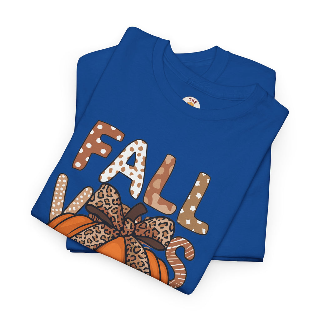 Fall Vibes Pumpkin Tee — Leopard Bow Autumn Graphic T-Shirt