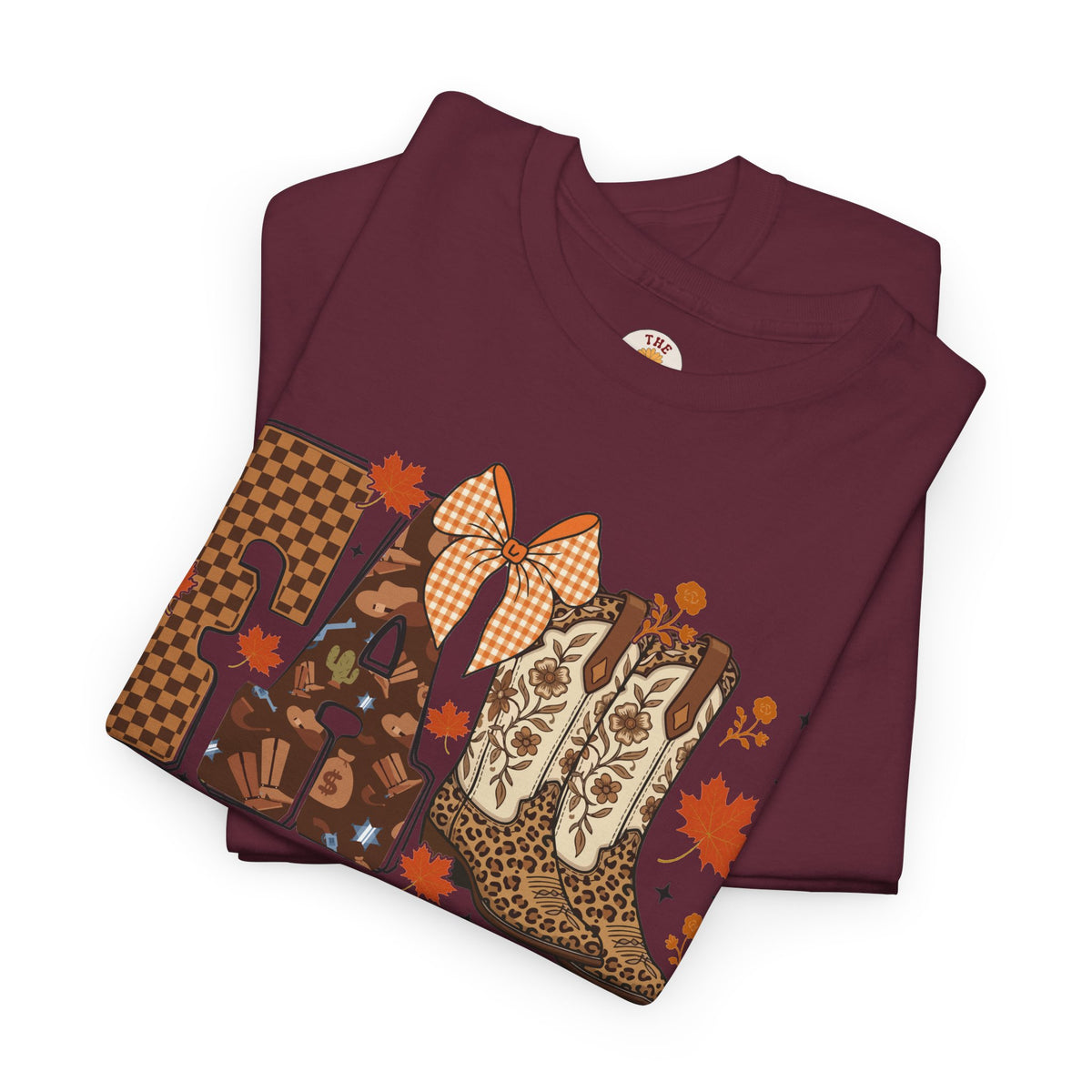 Fall Cowgirl Tee — 'Fall' Boot & Leaf Graphic T-Shirt