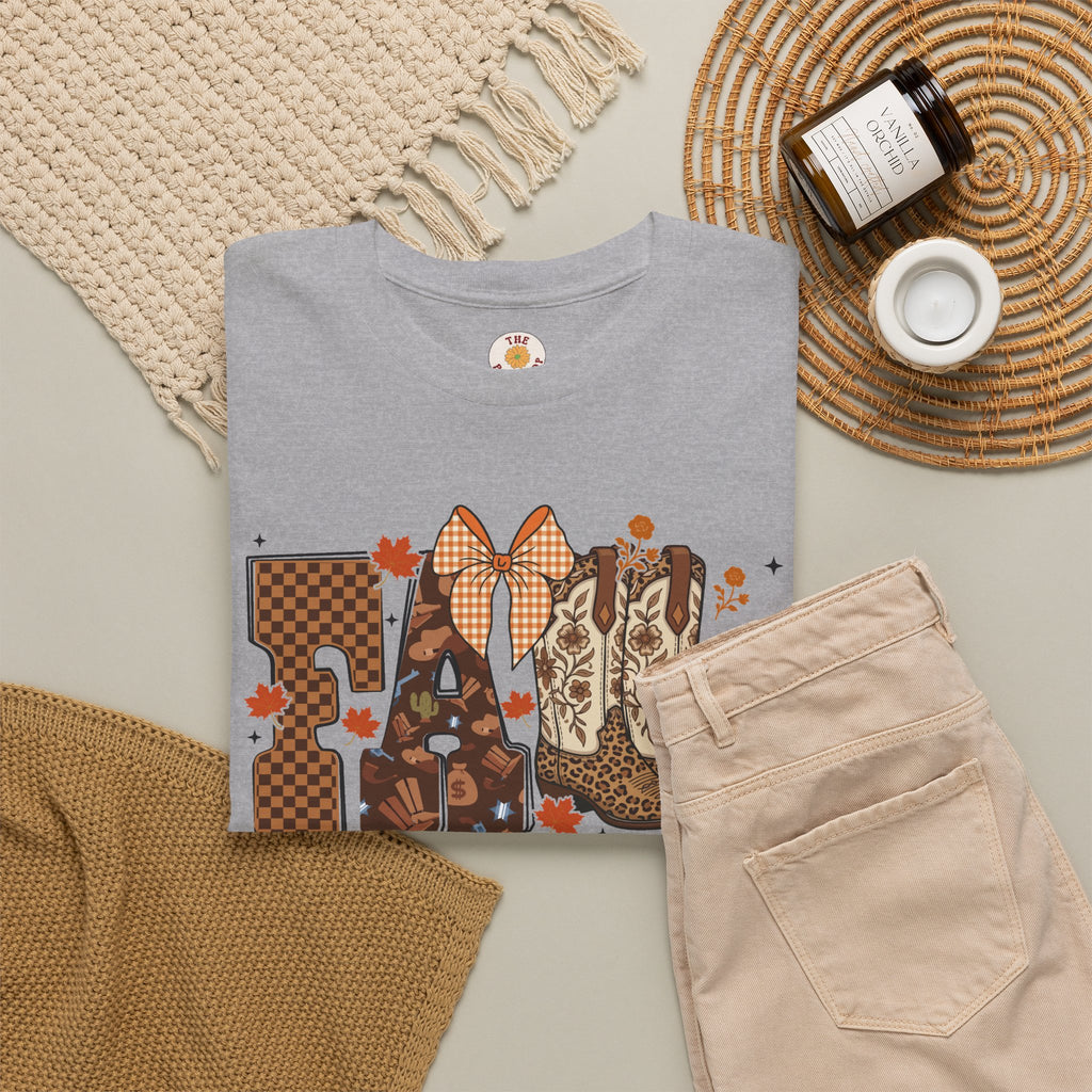 Fall Cowgirl Tee — 'Fall' Boot & Leaf Graphic T-Shirt