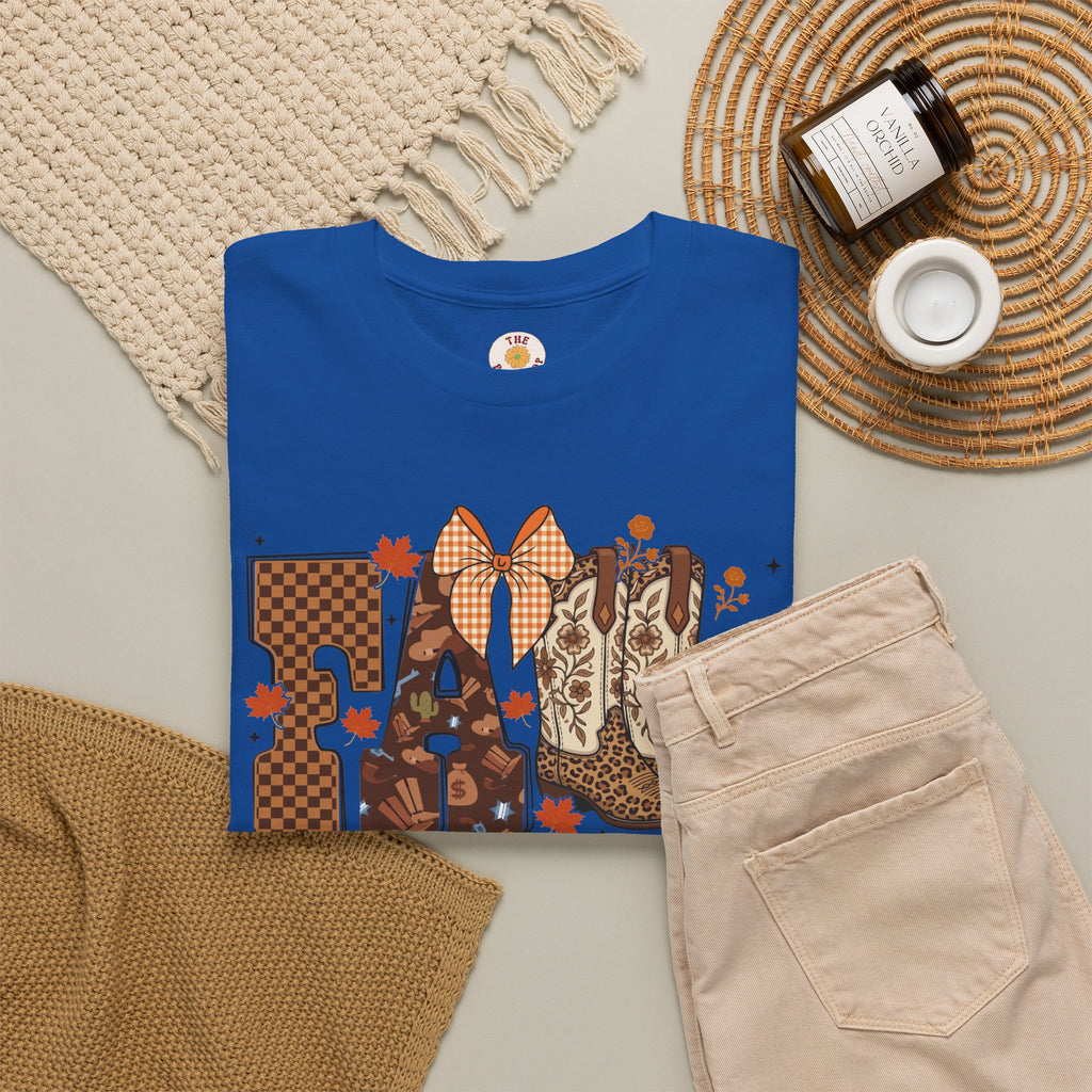 Fall Cowgirl Tee — 'Fall' Boot & Leaf Graphic T-Shirt