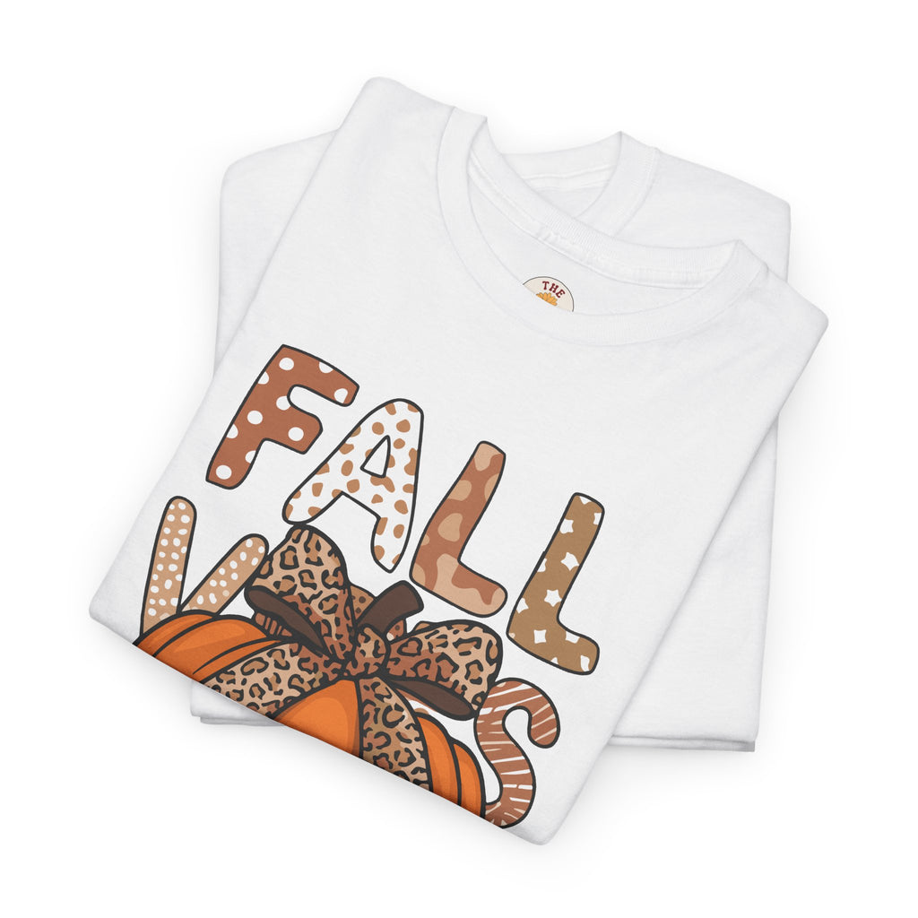 Fall Vibes Pumpkin Tee — Leopard Bow Autumn Graphic T-Shirt