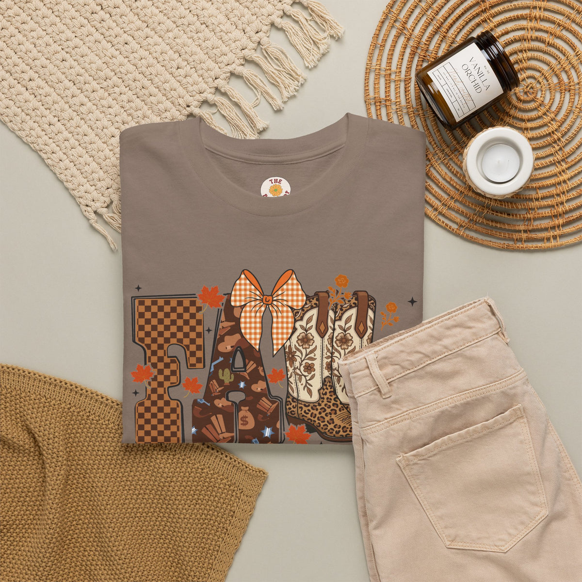 Fall Cowgirl Tee — 'Fall' Boot & Leaf Graphic T-Shirt