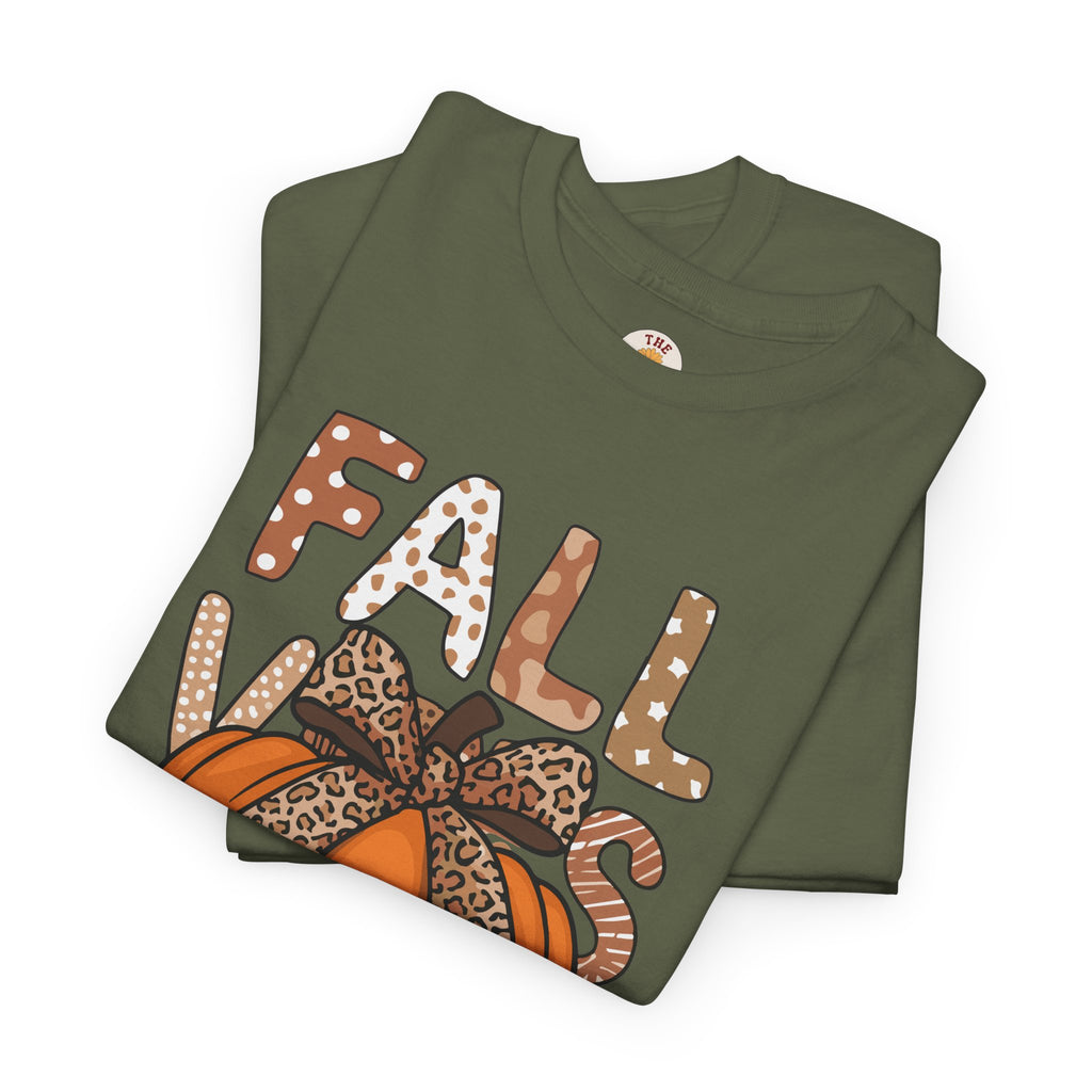 Fall Vibes Pumpkin Tee — Leopard Bow Autumn Graphic T-Shirt