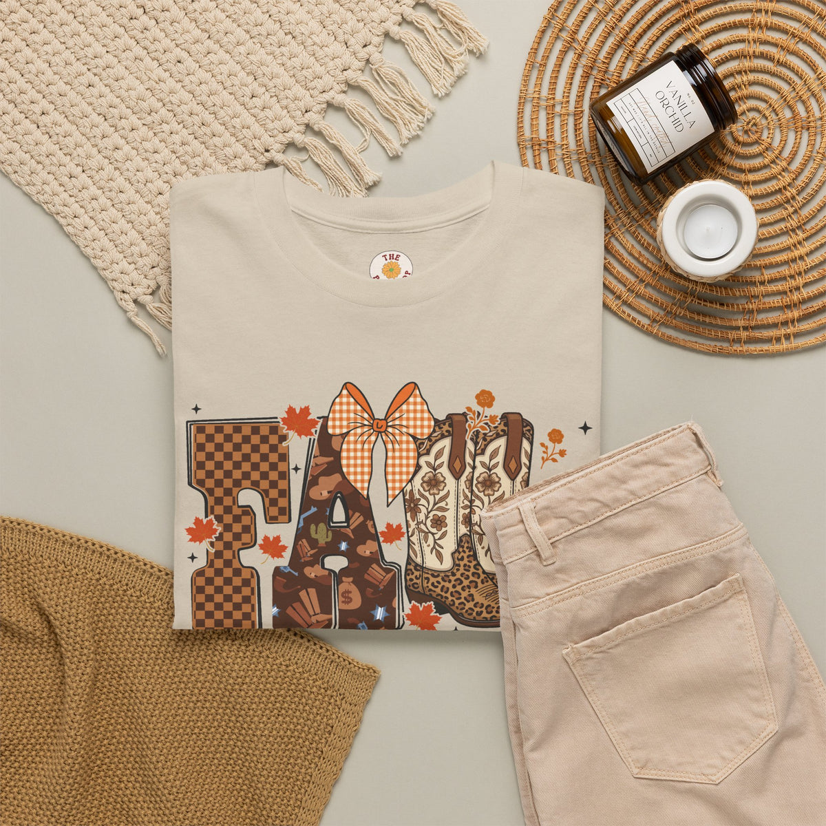 Fall Cowgirl Tee — 'Fall' Boot & Leaf Graphic T-Shirt