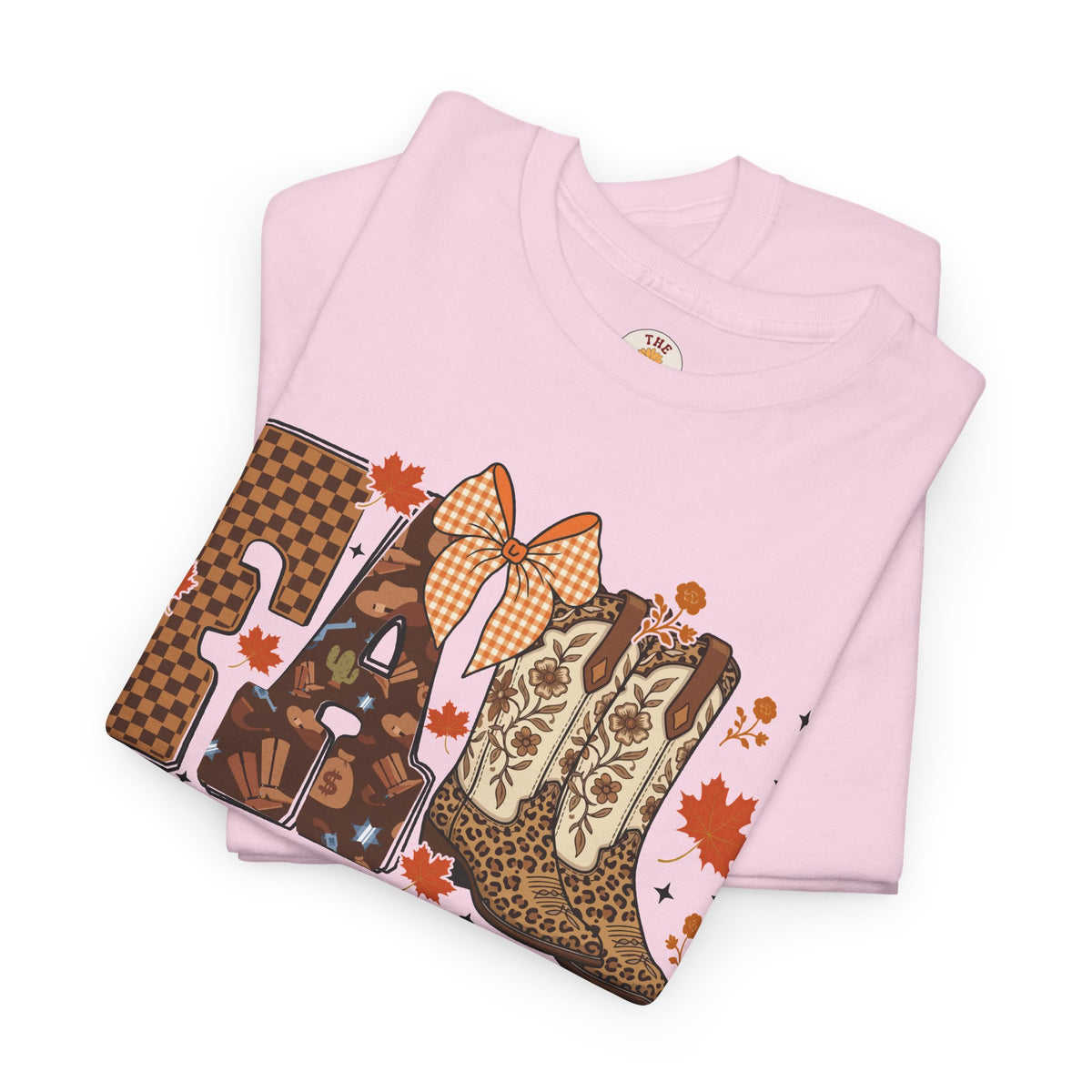Fall Cowgirl Tee — 'Fall' Boot & Leaf Graphic T-Shirt
