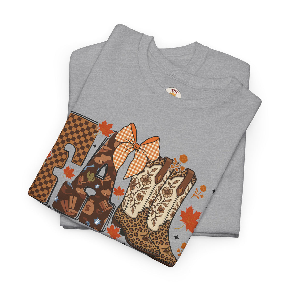 Fall Cowgirl Tee — 'Fall' Boot & Leaf Graphic T-Shirt