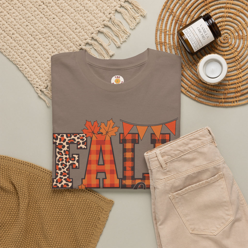 Fall Vibes T-Shirt — Pumpkin Plaid & Leopard Autumn Graphic Tee