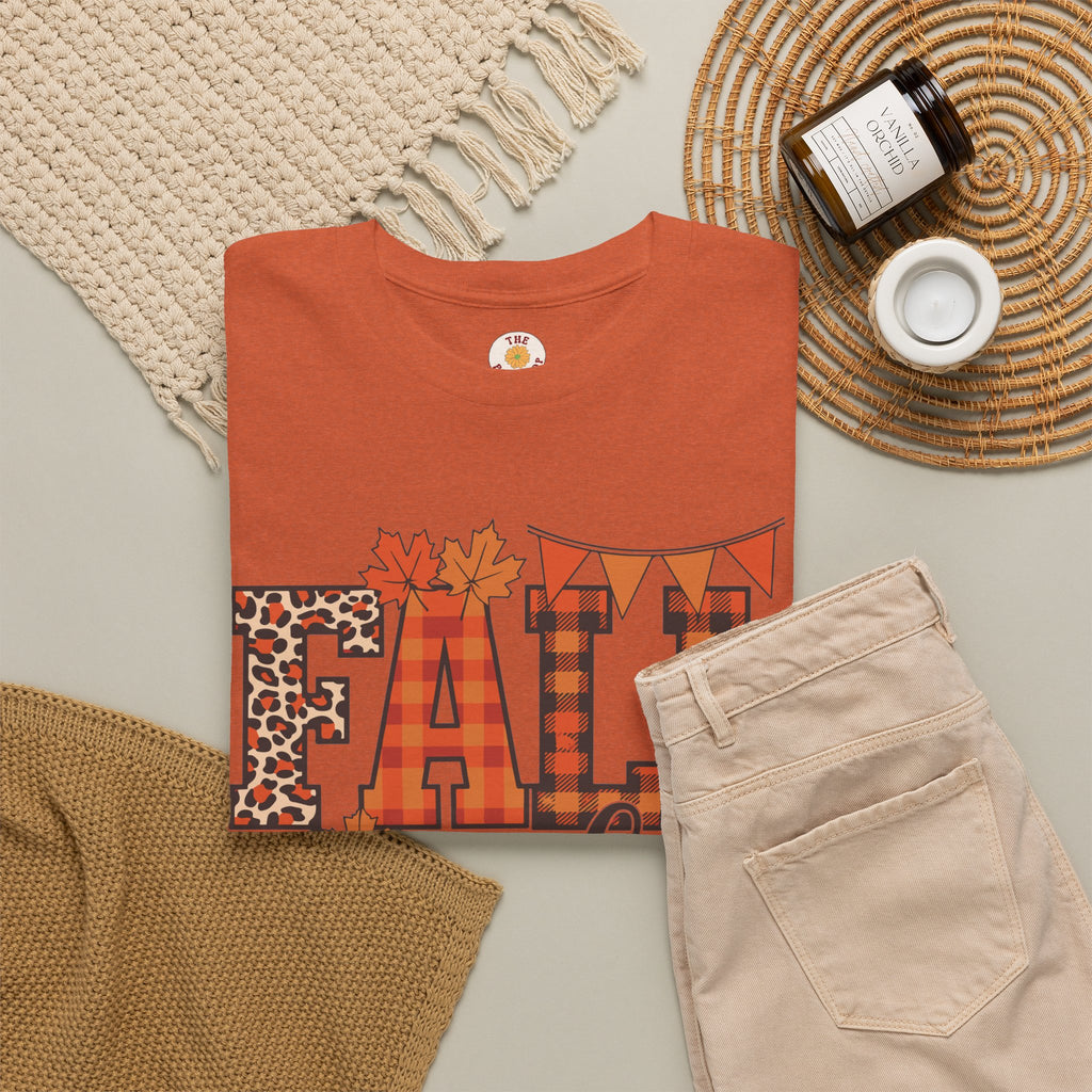 Fall Vibes T-Shirt — Pumpkin Plaid & Leopard Autumn Graphic Tee