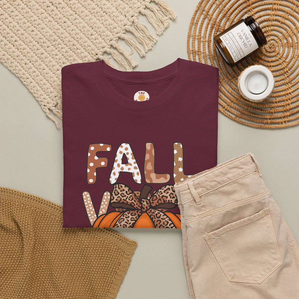 Fall Vibes Pumpkin Tee — Leopard Bow Autumn Graphic T-Shirt