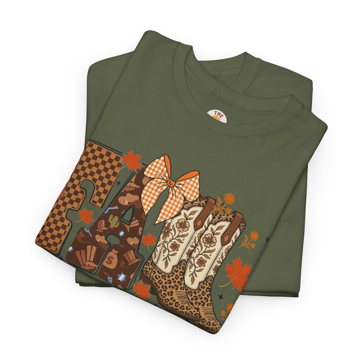 Fall Cowgirl Tee — 'Fall' Boot & Leaf Graphic T-Shirt