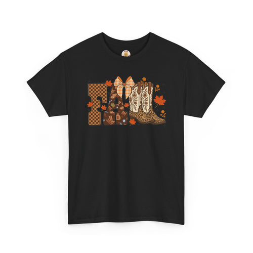 Fall Cowgirl Tee — 'Fall' Boot & Leaf Graphic T-Shirt
