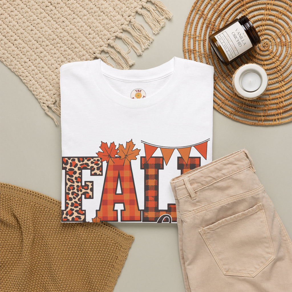 Fall Vibes T-Shirt — Pumpkin Plaid & Leopard Autumn Graphic Tee