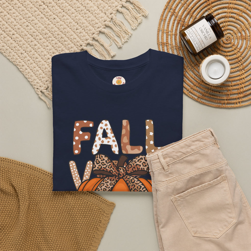 Fall Vibes Pumpkin Tee — Leopard Bow Autumn Graphic T-Shirt
