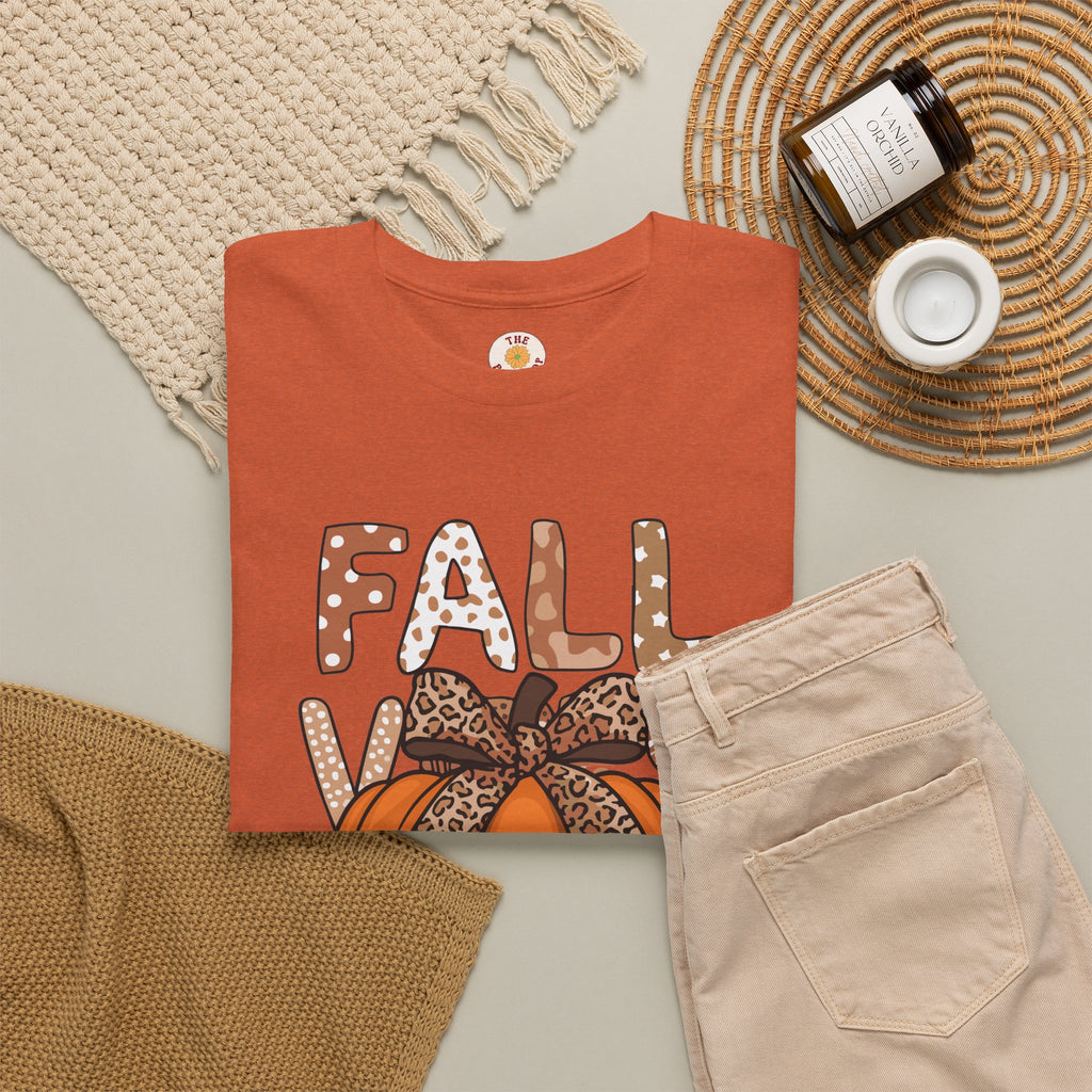 Fall Vibes Pumpkin Tee — Leopard Bow Autumn Graphic T-Shirt