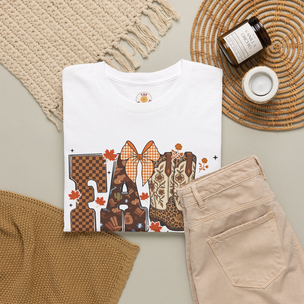 Fall Cowgirl Tee — 'Fall' Boot & Leaf Graphic T-Shirt