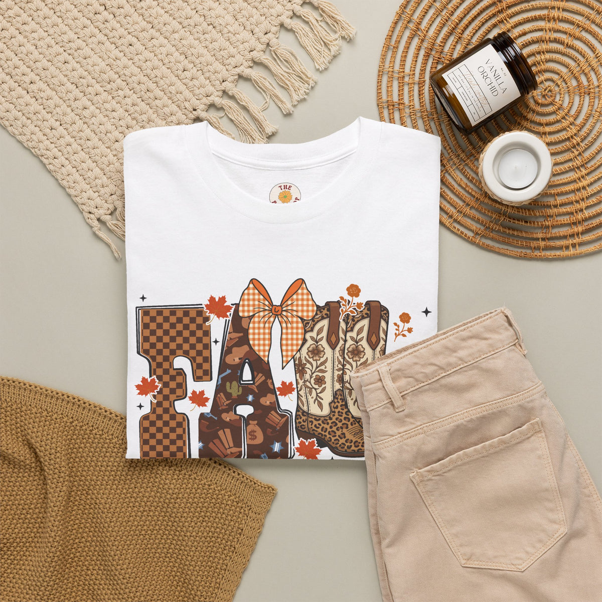 Fall Cowgirl Tee — 'Fall' Boot & Leaf Graphic T-Shirt