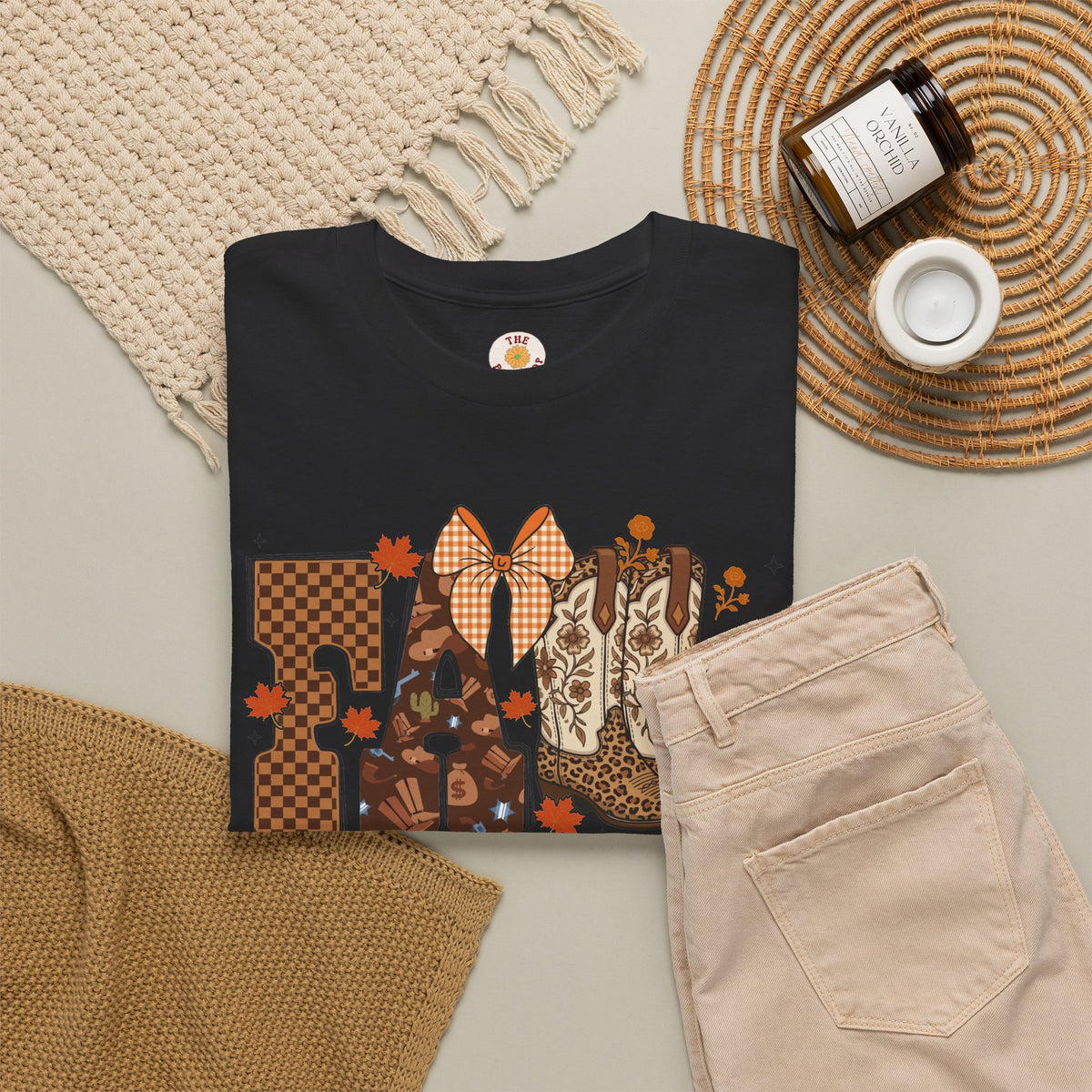 Fall Cowgirl Tee — 'Fall' Boot & Leaf Graphic T-Shirt