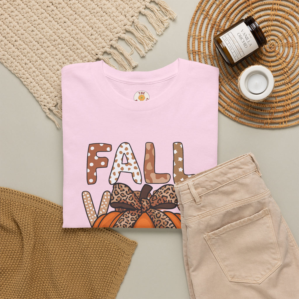 Fall Vibes Pumpkin Tee — Leopard Bow Autumn Graphic T-Shirt