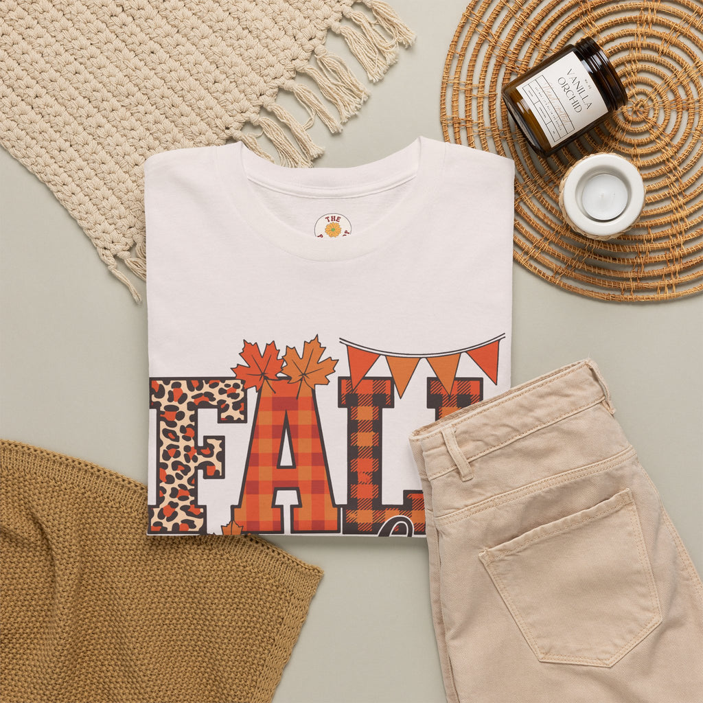 Fall Vibes T-Shirt — Pumpkin Plaid & Leopard Autumn Graphic Tee