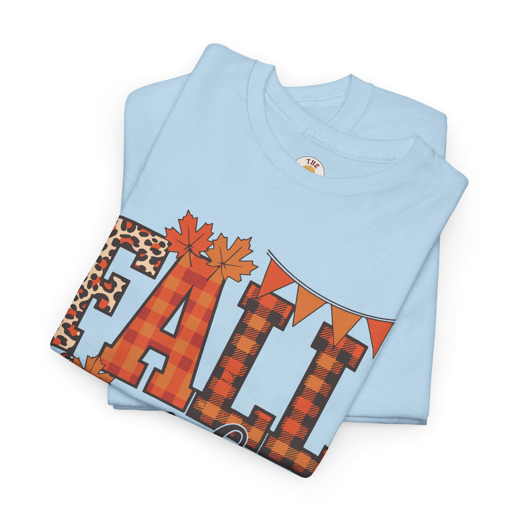 Fall Vibes T-Shirt — Pumpkin Plaid & Leopard Autumn Graphic Tee