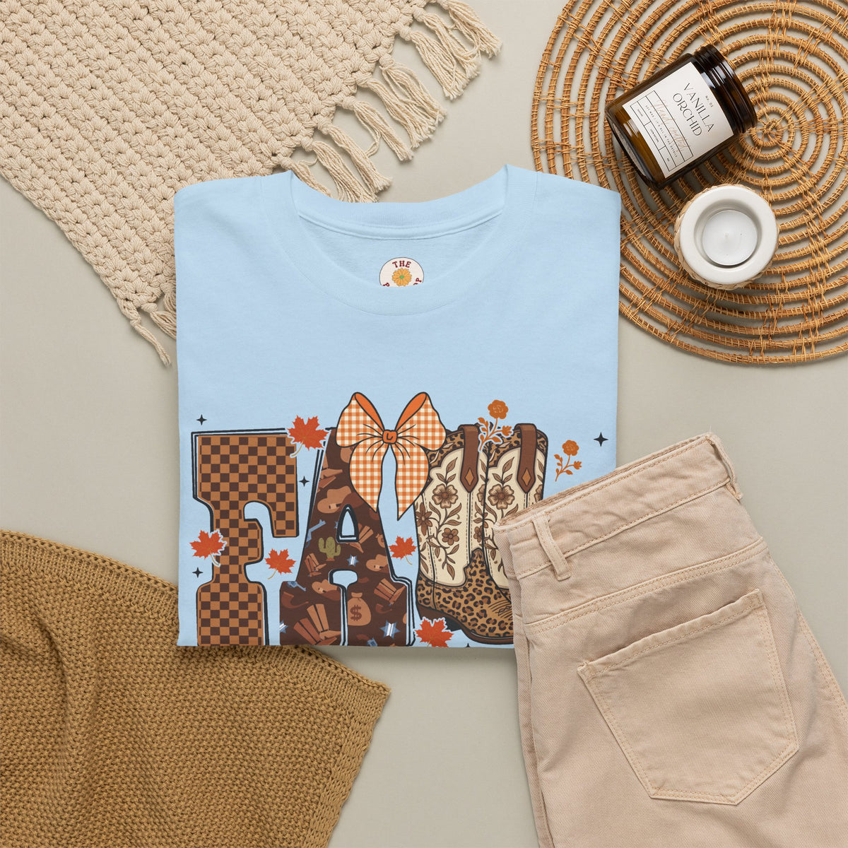 Fall Cowgirl Tee — 'Fall' Boot & Leaf Graphic T-Shirt