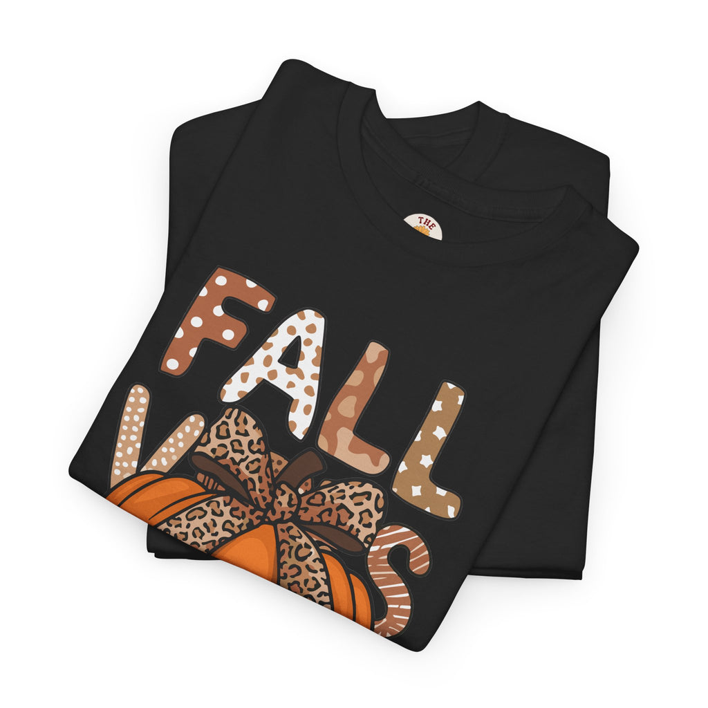 Fall Vibes Pumpkin Tee — Leopard Bow Autumn Graphic T-Shirt
