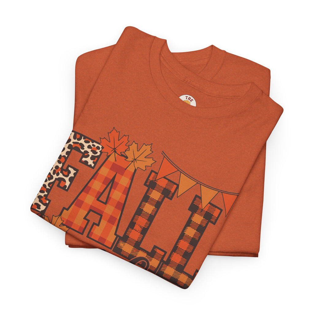 Fall Vibes T-Shirt — Pumpkin Plaid & Leopard Autumn Graphic Tee