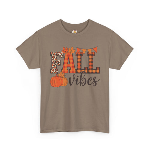 Fall Vibes T-Shirt — Pumpkin Plaid & Leopard Autumn Graphic Tee