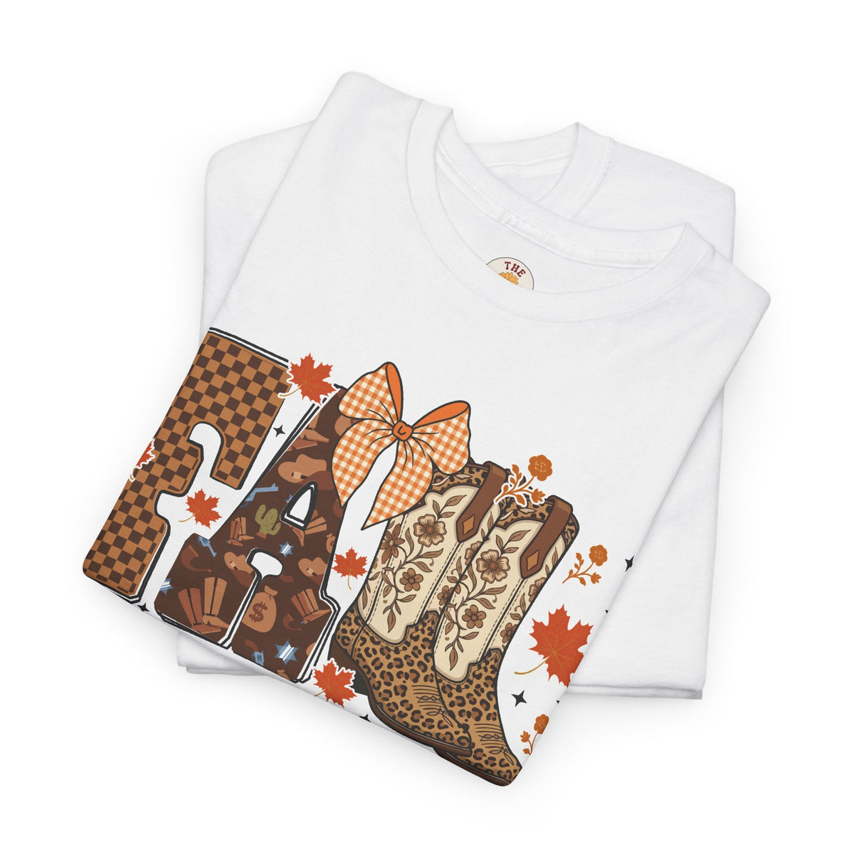 Fall Cowgirl Tee — 'Fall' Boot & Leaf Graphic T-Shirt