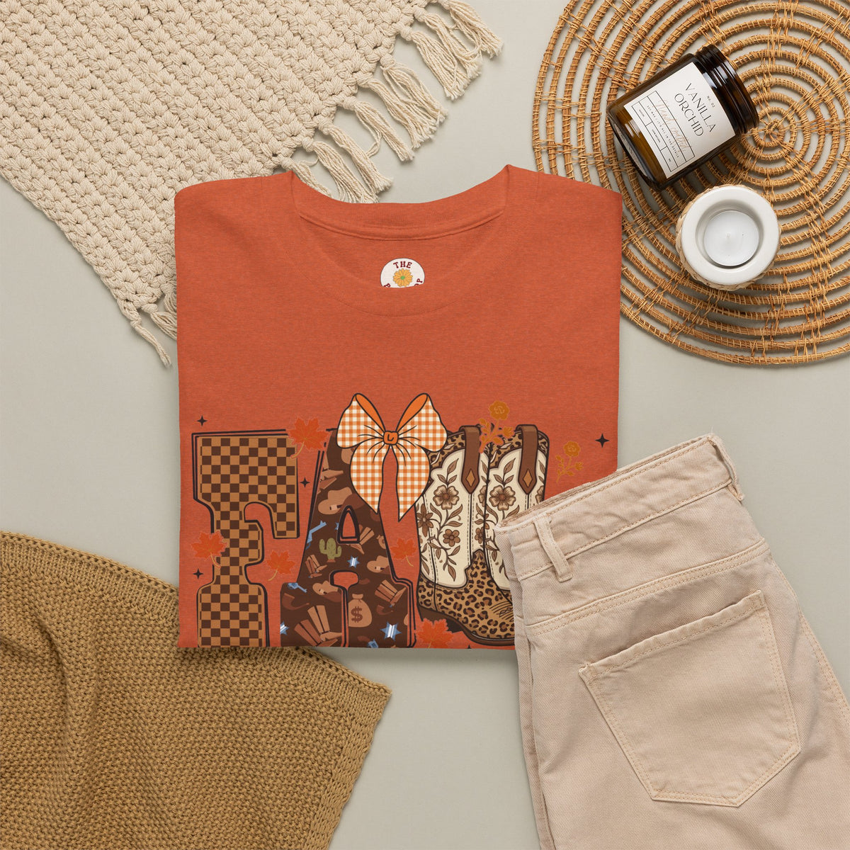 Fall Cowgirl Tee — 'Fall' Boot & Leaf Graphic T-Shirt