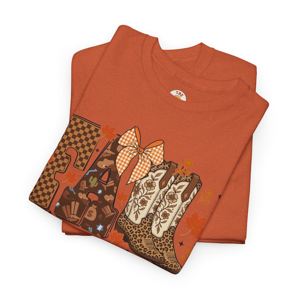 Fall Cowgirl Tee — 'Fall' Boot & Leaf Graphic T-Shirt