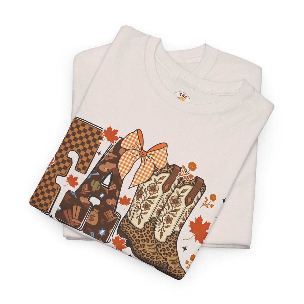 Fall Cowgirl Tee — 'Fall' Boot & Leaf Graphic T-Shirt