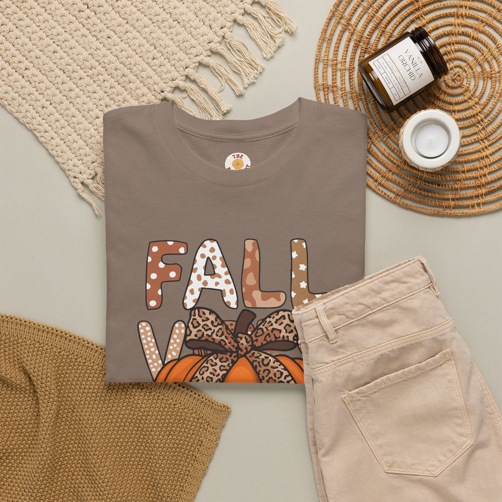 Fall Vibes Pumpkin Tee — Leopard Bow Autumn Graphic T-Shirt