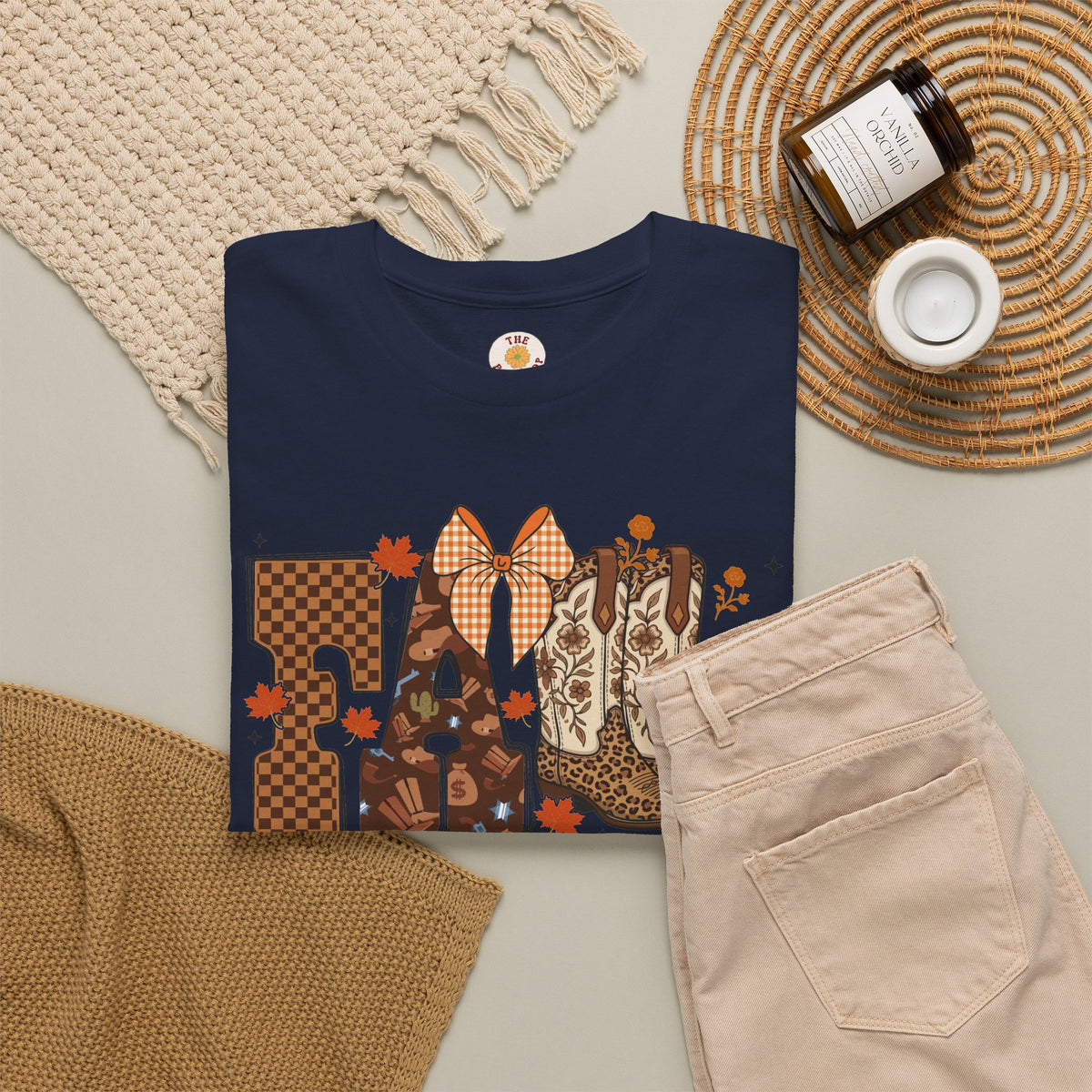 Fall Cowgirl Tee — 'Fall' Boot & Leaf Graphic T-Shirt