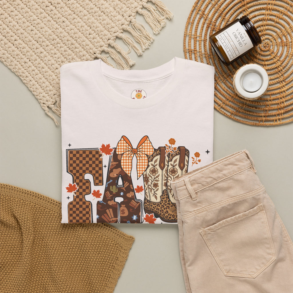 Fall Cowgirl Tee — 'Fall' Boot & Leaf Graphic T-Shirt