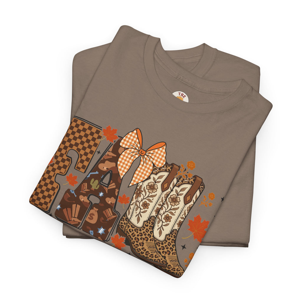 Fall Cowgirl Tee — 'Fall' Boot & Leaf Graphic T-Shirt