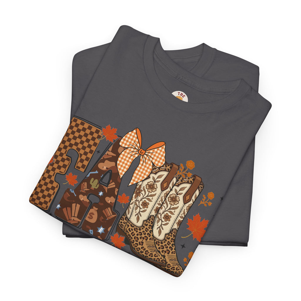 Fall Cowgirl Tee — 'Fall' Boot & Leaf Graphic T-Shirt