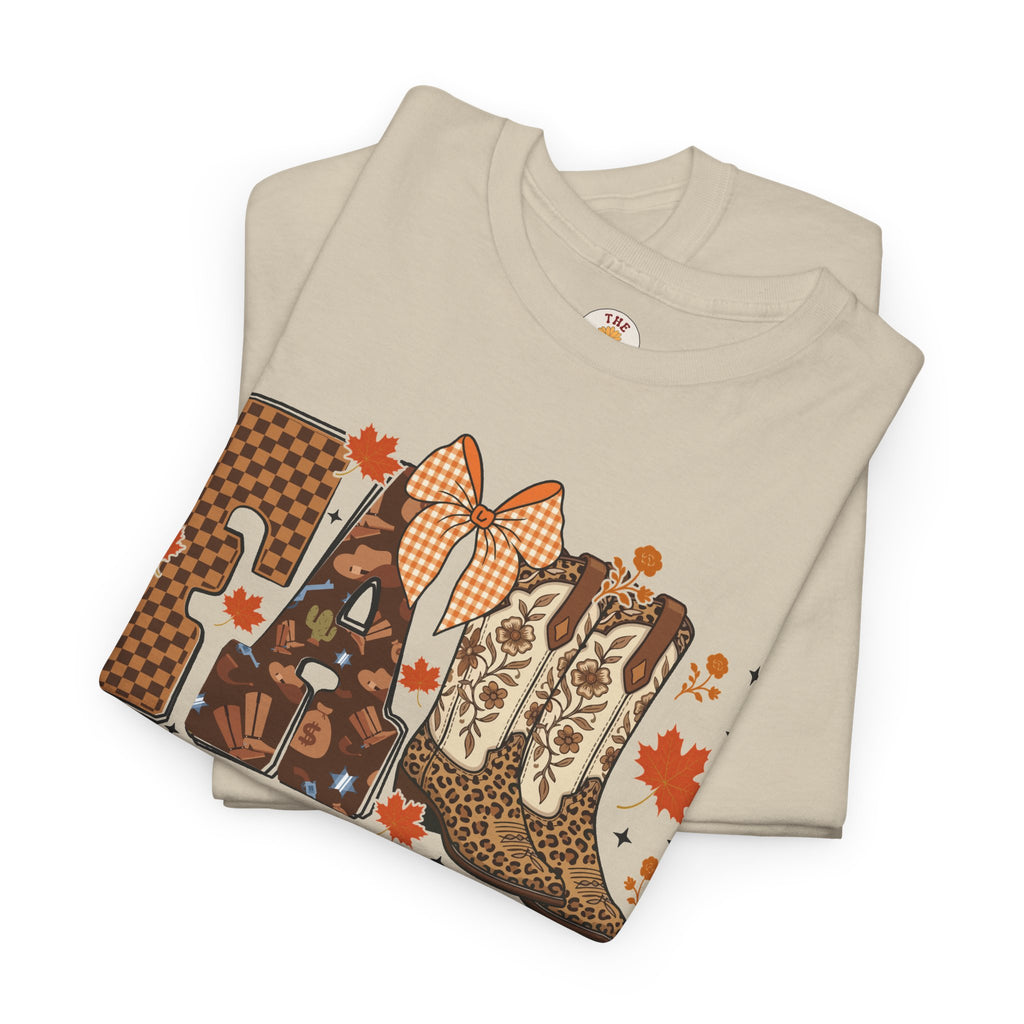 Fall Cowgirl Tee — 'Fall' Boot & Leaf Graphic T-Shirt