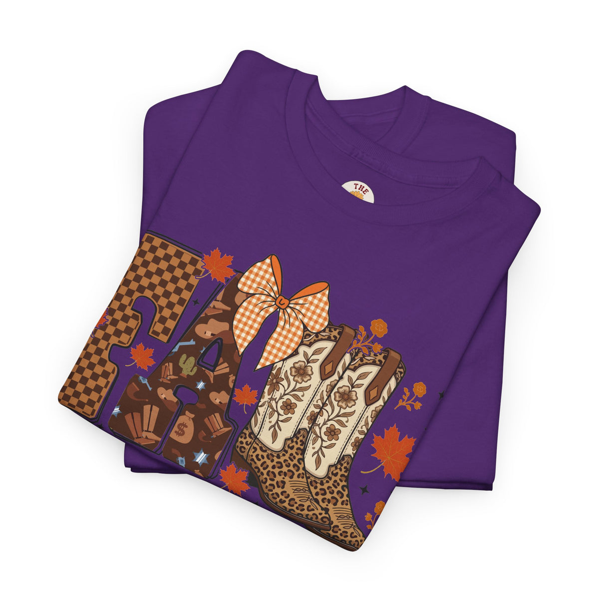 Fall Cowgirl Tee — 'Fall' Boot & Leaf Graphic T-Shirt