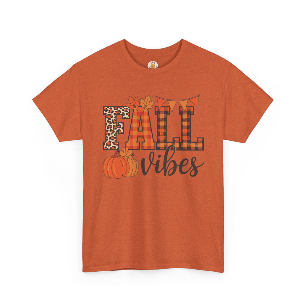 Fall Vibes T-Shirt — Pumpkin Plaid & Leopard Autumn Graphic Tee
