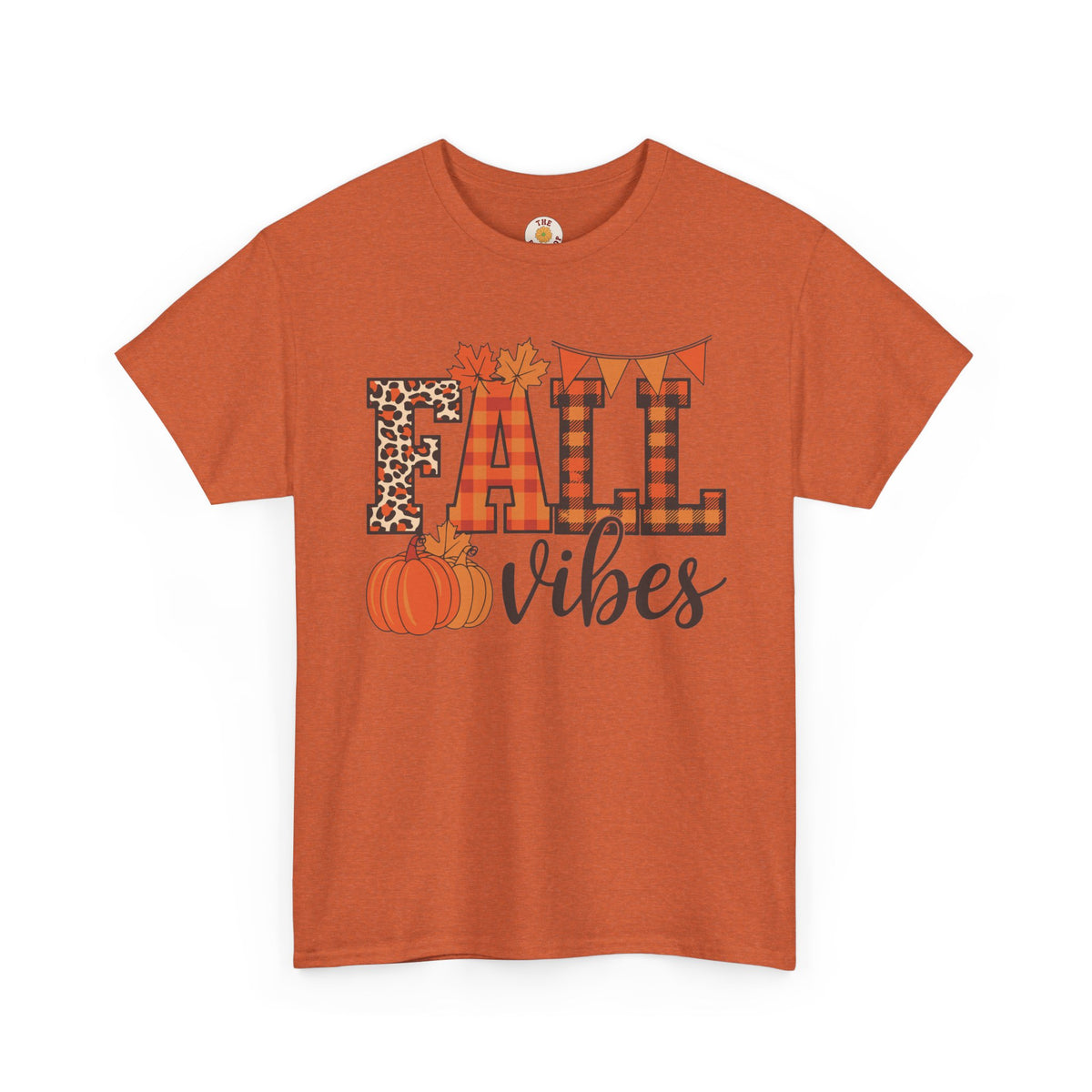 Fall Vibes T-Shirt — Pumpkin Plaid & Leopard Autumn Graphic Tee