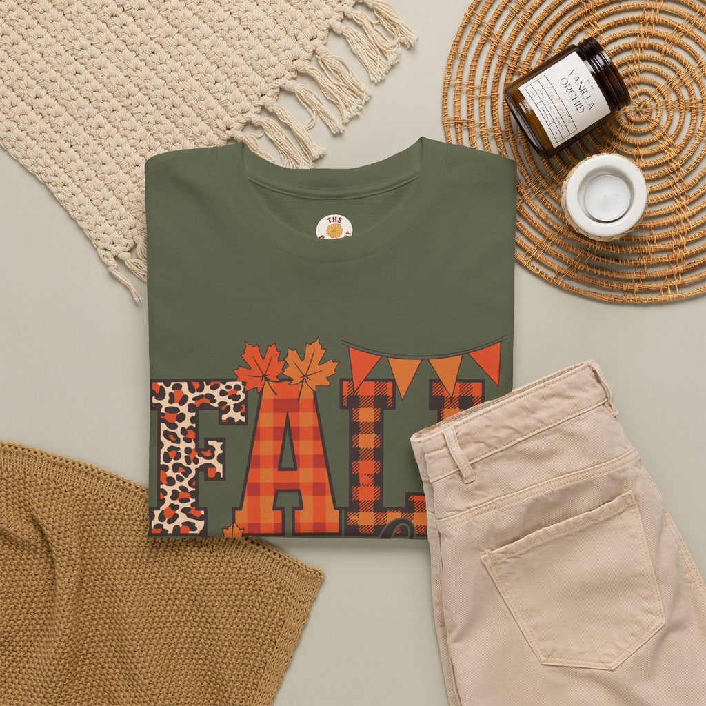 Fall Vibes T-Shirt — Pumpkin Plaid & Leopard Autumn Graphic Tee